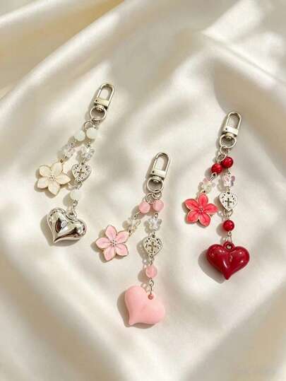 Llavero con cuentas en forma de corazón de flor, colgante de cruz hueca vintage, encanto de bolso para niña, soporte para llaves de coche, llavero con cuentas en forma de corazón 3D, cadena de bolso para niña con cruz hueca, encanto para llaves de coche
