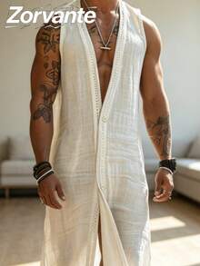 Men's outerwear | Vacation style men's casual sleeveless button up cardigan long robe - Blanco - Ver 3