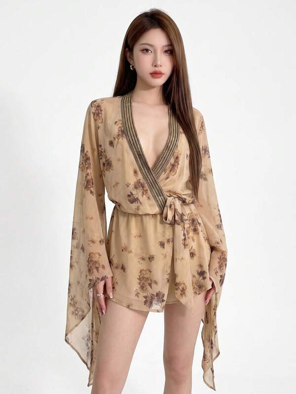 Top Dazzle Women's Sexy Deep V Neck Floral Print Short Dress With Long Sleeves And Asymmetrical Hem For Casual And Elegant Style