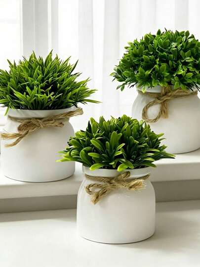 1/3pcs Mini Artificial Potted Plants, Realistic Faux Greenery Lawn Potted Plants, Small Fake Plant Decor, Suitable For Home Desktop, Office, Wedding Party Indoor Decoration