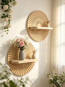 OBOVAY 2pcs Wooden Wall Mounted Bookshelf Set, Sunburst Pattern Wall Shelf, Bohemian Style DIY Handmade Wall Shelf, Wall Storage Rack, Room Decor, Bedroom Decor, Wall Decor, Home Decor, Office Decor, Kitchen Decor, Bathroom Decor, Wedding Decor, Suitable For Bedroom, Kitchen, Living Room, Bathroom, Office, Coffee Corner, Wedding, 1pc - Random Color/style - View 2