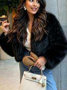 Women's Solid Color Fashionable Playful Versatile Short Fur Jacket - Black - View 3