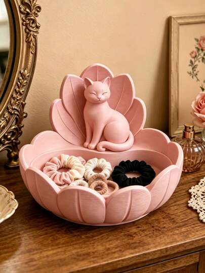 Bandeja de almacenamiento de joyas impresa en 3D con gato rosa - Soporte de anillos de gato lindo con tapa de pétalo, bandeja de joyas, placa de almacenamiento y exhibición de accesorios para el cabello, adecuada para dormitorio, baño, decoración de estantería - Regalo para mujeres y amantes de los gatos