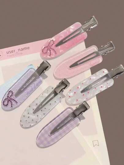 Set de 6 pinzas para el cabello con diseño de corazón a cuadros y strass, pinzas laterales sin costuras para flequillo, accesorios de decoración para peinados diarios de mujer (sin embalaje de tarjeta de papel)