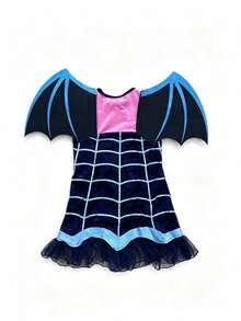 Young Girl Halloween Vampire Little Devil Plaid Mesh Patchwork Dress With Wings, Suitable For Party, Friends Gathering, Birthday Stage Performance - Pink - View 3