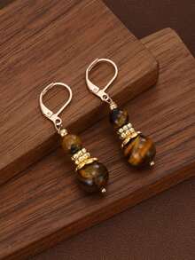 Vintage Tiger Eye Stone Teardrop Pendant Earrings, Women's Gold Teardrop Style Bohemian Exaggerated Earrings, Suitable For Daily Wear And Party, Gift - Earring - View 2