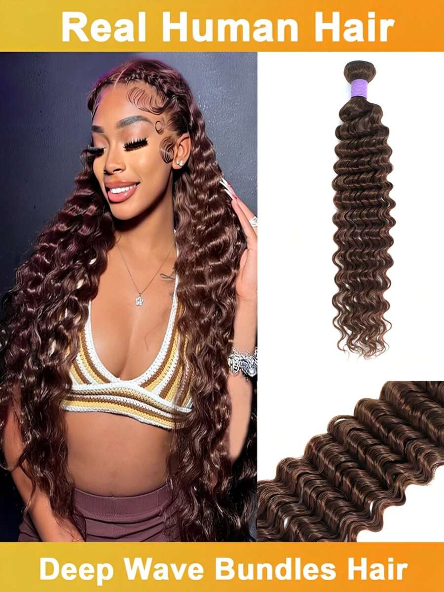 Deep Wave Bundles Human Hair 32 Inch Hair Extensions #4 Chocolate Brown Brazilian Virgin Human Hair Bundles For Women Wet And Wavy Quick Weave Hair Extensions Double Weft