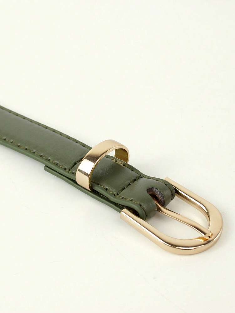Deep Green Slim Fit Faux Leather Women's Belt, Gold Buckle, Suitable For Jeans And Dresses - Dark Green B - View 6