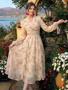 Elegant French Style Gold Foil Floral Print V-Neck Long Sleeve Ruffle Hem Wrap Midi Dress For Fall Wedding Guest & Evening Party - Multicolor - View 1