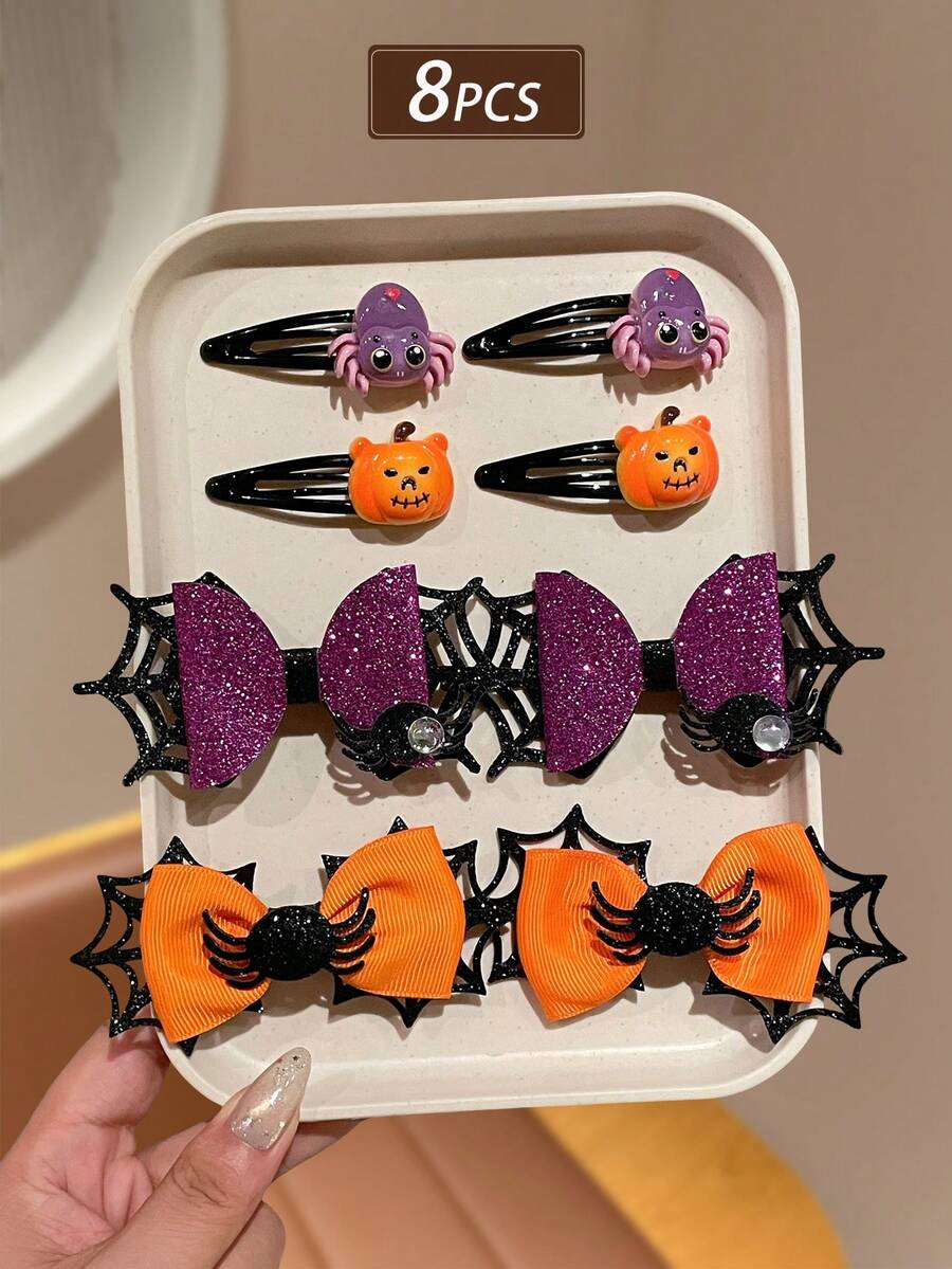 8 Stücke 3,94 Zoll/10 cm Damen Halloween Haarspangen, Spinnen-Kürbis BB-Spange Spinnennetz Schleife Seiten-Spange, Feiertags-Party Kostüm Haarschmuck, geeignet für Halloween Themen-Party Events, Damen Haarschmuck - Verschiedenfarbig - Übersicht 1