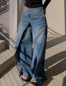 Women Y2K Split Long Denim Pants, High Waisted Loose Wide Leg Trousers, Streetwear Statement Bottoms - Light Blue - View 7