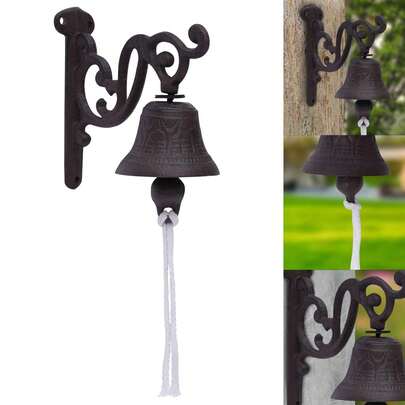 Cast Iron Hanging Ship's Bell - Rustic Black Captain's Bell - Vintage Outdoor Dinner Bell - Wall Mounted Metal Door Bell For Farm House Outside Decorative Accent Bells