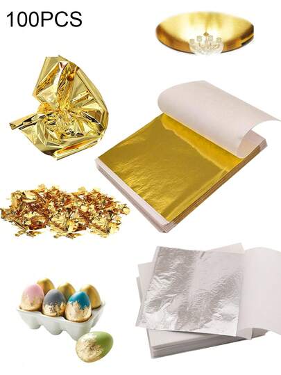 100 Hojas de Papel de Lámina de Oro & Plata Imitación, Adecuado para Dorado de Hojas, Artes & Manualidades DIY, Arte de Uñas, Resina, Fiesta de Cumpleaños, Decoración de Bodas, Decoración de Pasteles & Postres, Cera, Yeso, Pintura