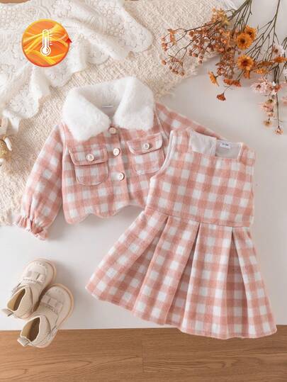 Infant Girl Sweet Autumn/Winter Pink & White Plaid 2-Piece Set, Plush Lapel Short Jacket With Rose Button, Wavy Hem Design, Square Neck Pleated Tank Dress, Gentle Korean Style, Suitable For European, American And Middle Eastern Baby Autumn/Winter Outfits