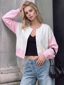 Nicenter Women's Fall Winter Casual Simple Color-Block Button Front Long Sleeve Wool Blend Cardigan Sweater, For Office Daily Home Date - Pink - View 3
