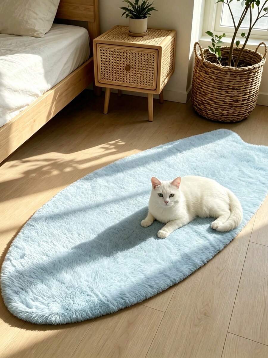 1pc Light Blue Surfboard Shaped Runner Rug, Soft Fluffy Long Pile Carpet, Suitable For Bathroom, Laundry Room, Bedroom And Hallway, Faux Rabbit Fur Mat, Asymmetrical Shape, Cutting Error 1-5cm, Suitable For Sofa, Living Room, Bay Window, Hallway, Entrance, Room Mat, Comfortable And Soft, Winter Home Decor - Baby Blue - View 1
