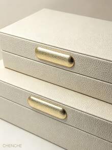 Set Of 2 S & L Size Cream Pebbled PU Leather Jewelry Boxes With Lid, Gold Zinc Alloy Bar Handle, Velvet Lined Rect Accessory Storage Organizer, Modern Luxury Vanity Bedroom Decor Holiday Gift - OFF-white - View 8