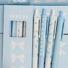 4pcs Set Retractable Bow Gel Pens, 0.5mm Fine Point Black Ink For Smooth Writing, Office And School Supplies, Style Blue For Women, Beaded Pens, Engraved Ballpoint Pens With Decorations, Fun Work Pens - A - View 3