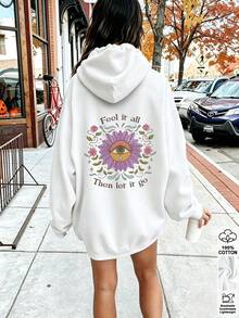 Oversized Women's Sweatshirt For Autumn And Winter, Long-Sleeve Hoodie With Pockets, Casual Top, Y2k Style, Daily Letter Slogan Graphic, White Unisex - White - View 4