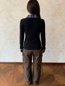 2 In 1 Plaid Patchwork Polo Collar Long Sleeve T-Shirt - Black - View 8