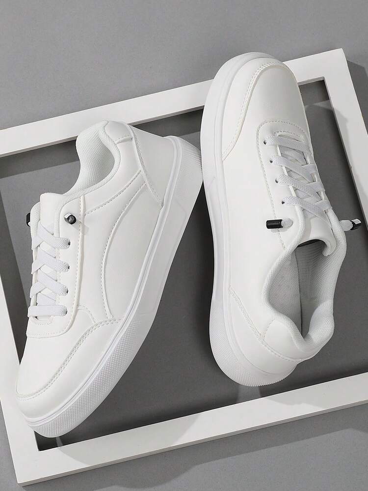 Sepatu Sneakers Kasual Slip-On Kulit Sintetis Putih Pria, Sepatu Flat Minimalis Unisex untuk Pakaian Jalanan Sehari-hari - Putih - View 1