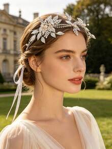3pcs Vintage Silver Leaf Pearl Headband, Elegant Tie-Up Bridal Hair Accessory - Silver - View 1