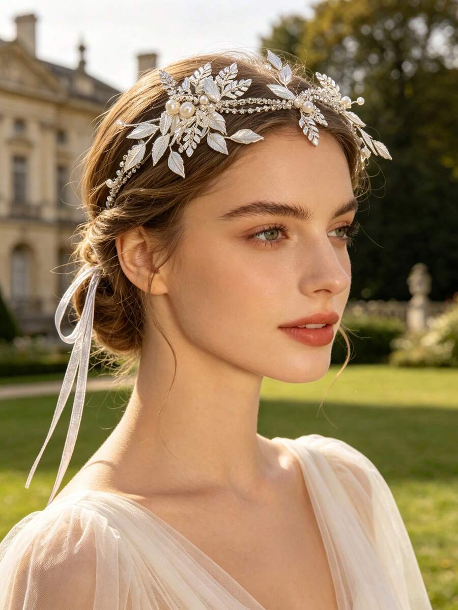 3pcs Vintage Silver Leaf Pearl Headband, Elegant Tie-Up Bridal Hair Accessory - Silver - View 1