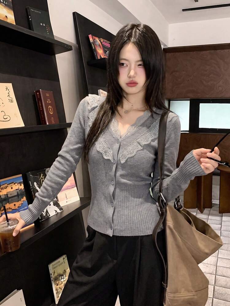 2026 Autumn/Winter French Gentle Style Grey Lace Ruffle V-Neck Knit Cardigan, Ribbed Waist Elastic Knit Fabric Fall - Grey - View 2