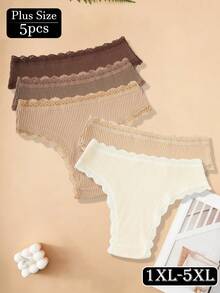 5pcs Plus Size Women's Panties, Bow Design, Lace Trim, Ribbed, Comfortable Soft, High Quality Earth Tone - Multicolor - View 6