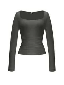 GLAMSKIN 女款條紋性感修身長袖針織上衣，純色方領基礎 T-shirt，適合秋季出遊、日常休閒街頭穿搭、返校季 - 灰色 - 查看 3