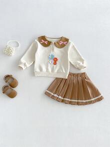 Miniweenns 2pcs/Set Baby Girl Spring/Autumn Outdoor Casual Back To School Long Sleeve Applique Sweatshirt + Sweet Pleated Skirt - Multicolor - View 12