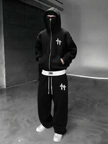 YUNCHIC Dark Style Hooded Face-Covering Sweatshirt And Loose Sweatpants With Cross Print, Casual 2 Pieces Set For Men, Autumn/Winter - Black - View 2
