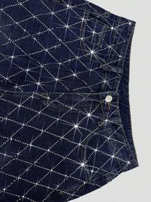 Women's Dark Blue High Waist Diamond Rhinestone Straight Leg Jeans, Plaid Rhinestone Design, Commute Party Casual Straight Leg Pants - Dark Wash - View 6