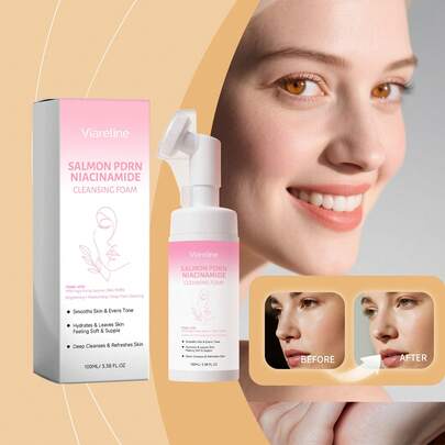 Viareline Niacinamide Cleansing Mousse With Massage Brush Head, Deep Pore Cleansing, Hydrating & Moisturizing, Brightening Skin Tone, Gentle Cleansing Foam 100ml