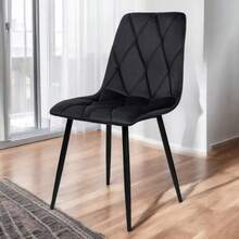 1pc Black Velvet Dining Chair, Upholstered Easy-Clean Chair With Padded Seat, Ergonomic Backrest & Black Metal Legs, 120 Kg Capacity, For Dining Room, Kitchen & Living Room - Black - View 5