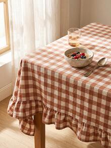1pc Brown And White Large Plaid Ruffle Edge Tablecloth, Rustic Country Style Rectangular Same-Color Ruffle Edge Pleated Detail Decorative Functional Dining Tablecloth Suitable For Family Gatherings And Rustic Home Decor Scenes - Khaki - View 2