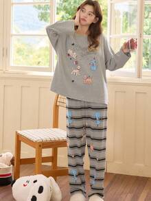 2pcs/Set Women's Pajamas Loungewear Set, Cute Animal Print Pullover Round Neck Casual Long Sleeve Cropped Pants, Comfortable For Home Wear - Grey - View 6