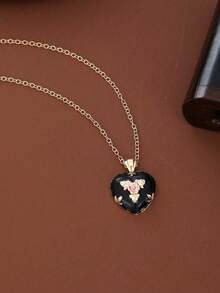 1pc Black Gothic Heart-Shaped Necklace,For Men's Jewelry Accessories With Leaf Design Element In The Center Of The Pendant,Must-Have Item For Outings - Necklace - View 5