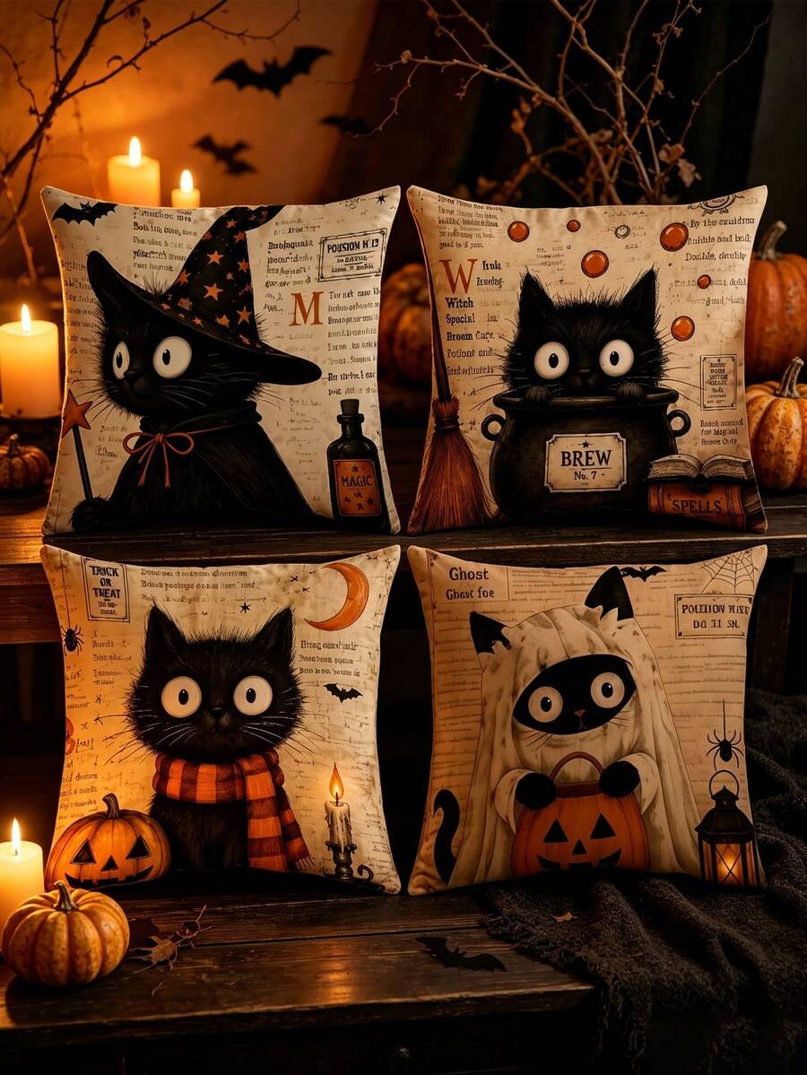 4件組萬聖節黑貓抱枕套,陰森秋季裝飾,無刺繡,適用於萬聖節與秋季裝飾,拉鍊式沙發床靠墊套,2D平面 - 香檳色 - 查看 1