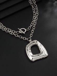 2 piezas Collar de plata minimalista de doble capa para hombre, colgante cuadrado hueco geométrico asimétrico, collar de capas con cierre OT, accesorio de estilo urbano, regalo - K blanca - Ver 4