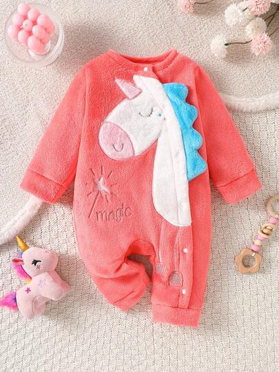 Baju Terusan Bayi Perempuan Baru Lahir Motif Kartun Unicorn 3D Lucu, Bahan Flanel, Lengan Panjang, Cocok untuk Musim Dingin, Dalam Ruangan