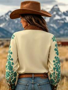 VEXHEIMA Women's Western Style Fashion Vintage Colorblock Horse & Floral Embroidery Print Lapel Long Sleeve Blouse, Versatile - Multicolor - View 6