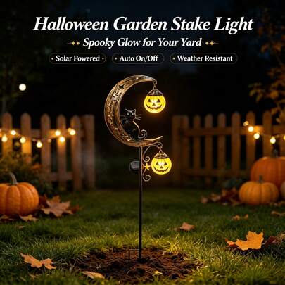 ソーラー式ハロウィン黒猫ガーデンステークライト、金属製三日月&星の装飾、吊り下げ式プラスチックかぼちゃボールLEDライト付き、理想的なギフト、芝生、小道、ポーチの屋外ホリデーデコレーションに適しています