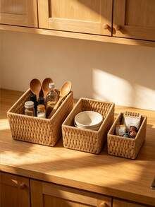 1/3pcs Handmade Woven Rattan Storage Tray Desktop Organizer, Suitable For Cosmetics, Keys, Jewelry, Stationery And Other Small Daily Items, Multi-Functional Stackable, Rustic Natural Woven Rattan Finish, Versatile Fashionable, Suitable For Home Living Room Bedroom Study Office Desktop - Camel - View 5