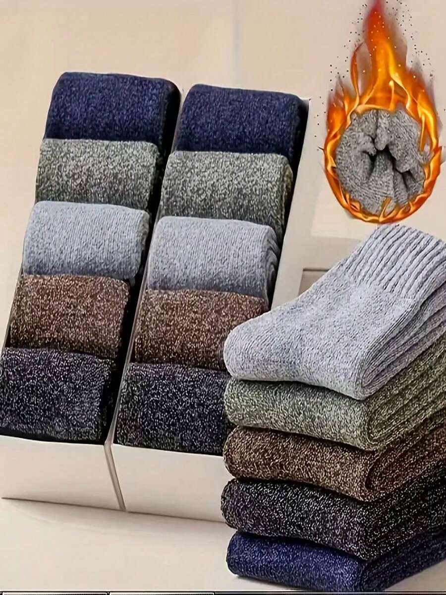 5/1 Pair Men's Solid Color Socks, Fashion Winter Thickened Warm Comfortable Mid-Calf Socks, Halloween Christmas Gift (No Box) - Multicolor - View 1