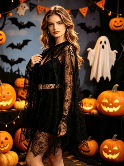 Halloween Spider Web Cape Mesh Stage Costume Cosplay Shawl With Thin Straps