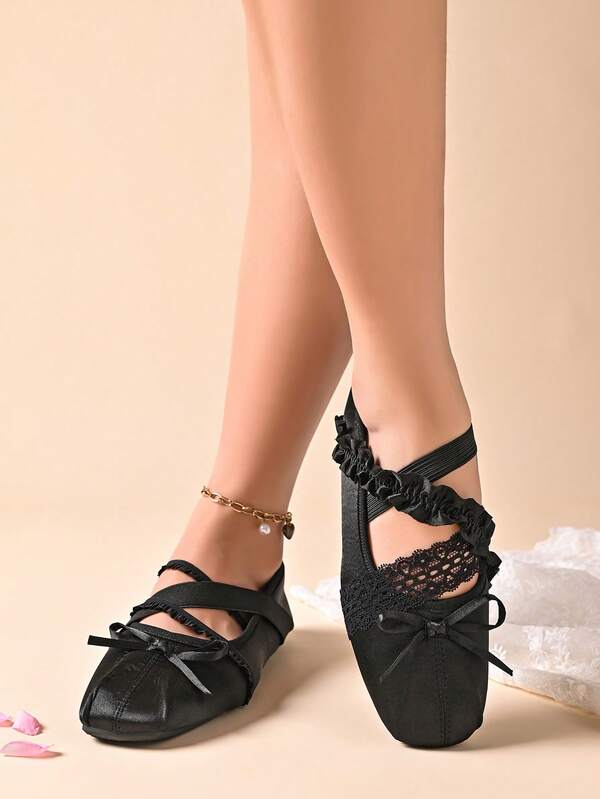 Women's Bow Bow Square Toe Flat Shoes, Elegant Ballet Flat Shoes, Daily Commuting Formal Shoes, Painted Material Smooth PU