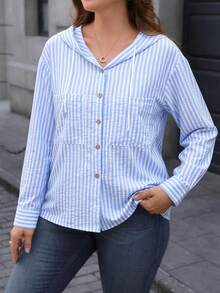 Women's Plus Size Lightweight Hooded Shirt, Solid Color Striped Loose Fit - Blue - View 1