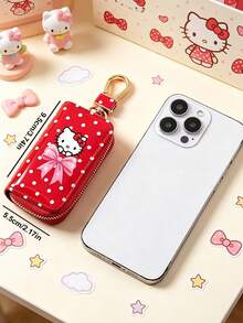 SANRIO Hello Kitty Print Universal Polka Dot Glossy Car Key Holder Zipper Pouch With Inner Chain & Gold Clip Hook, Anti-Scratch Key Fob Cover Case - Multicolor - View 6