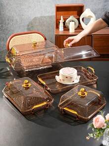 Tray With Cake Lid, Gold Thickened Transparent PET Rectangular Tray With Handle And Cake Lid, Plastic Storage Tray, Suitable For Tea Cups, Water Cups, Gold Rim Style - Amber - View 6